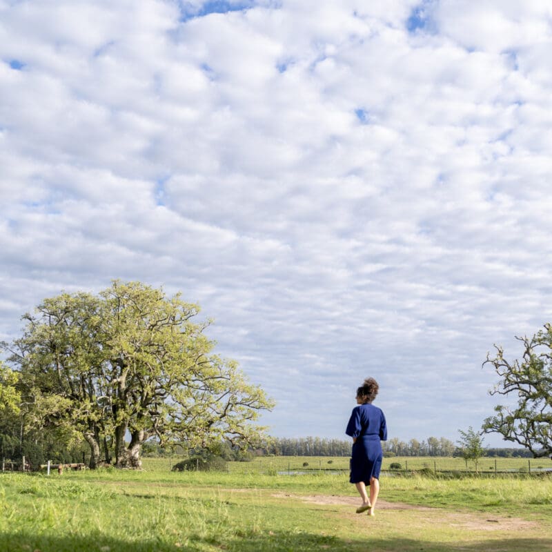 A person in a blue dress walks barefoot across a grassy field under a cloudy sky. Large trees and a pole frame the serene landscape.
